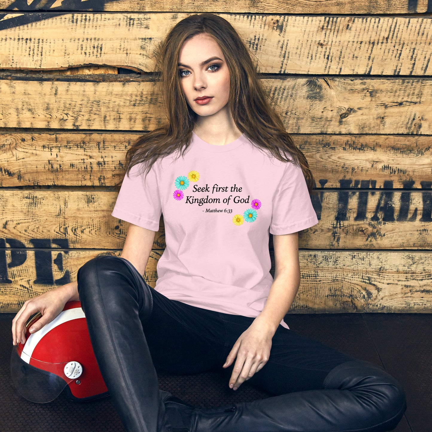 Pink tee with flowers and bible verse