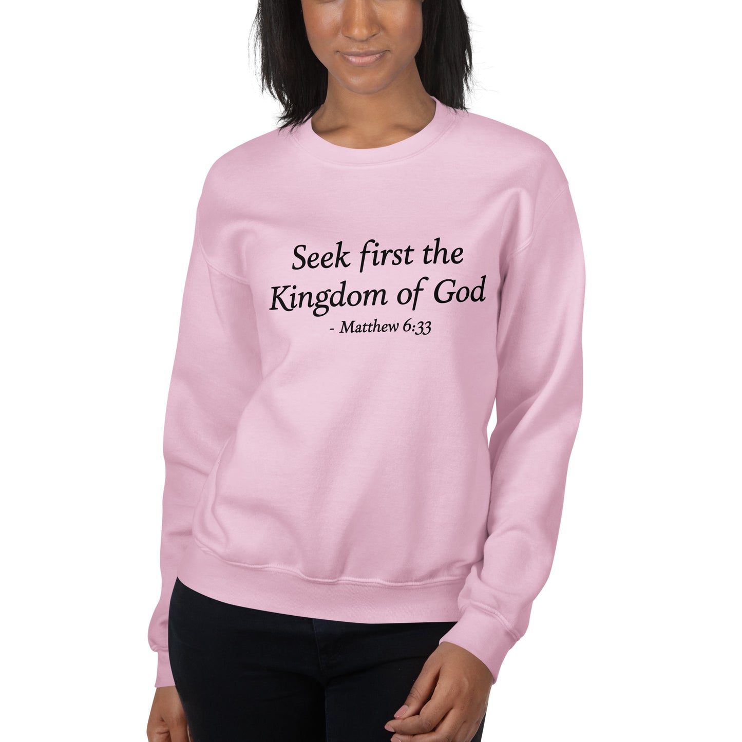 Matthew 6:33, Women's Pink Sweatshirt - Unisex Fit mockup