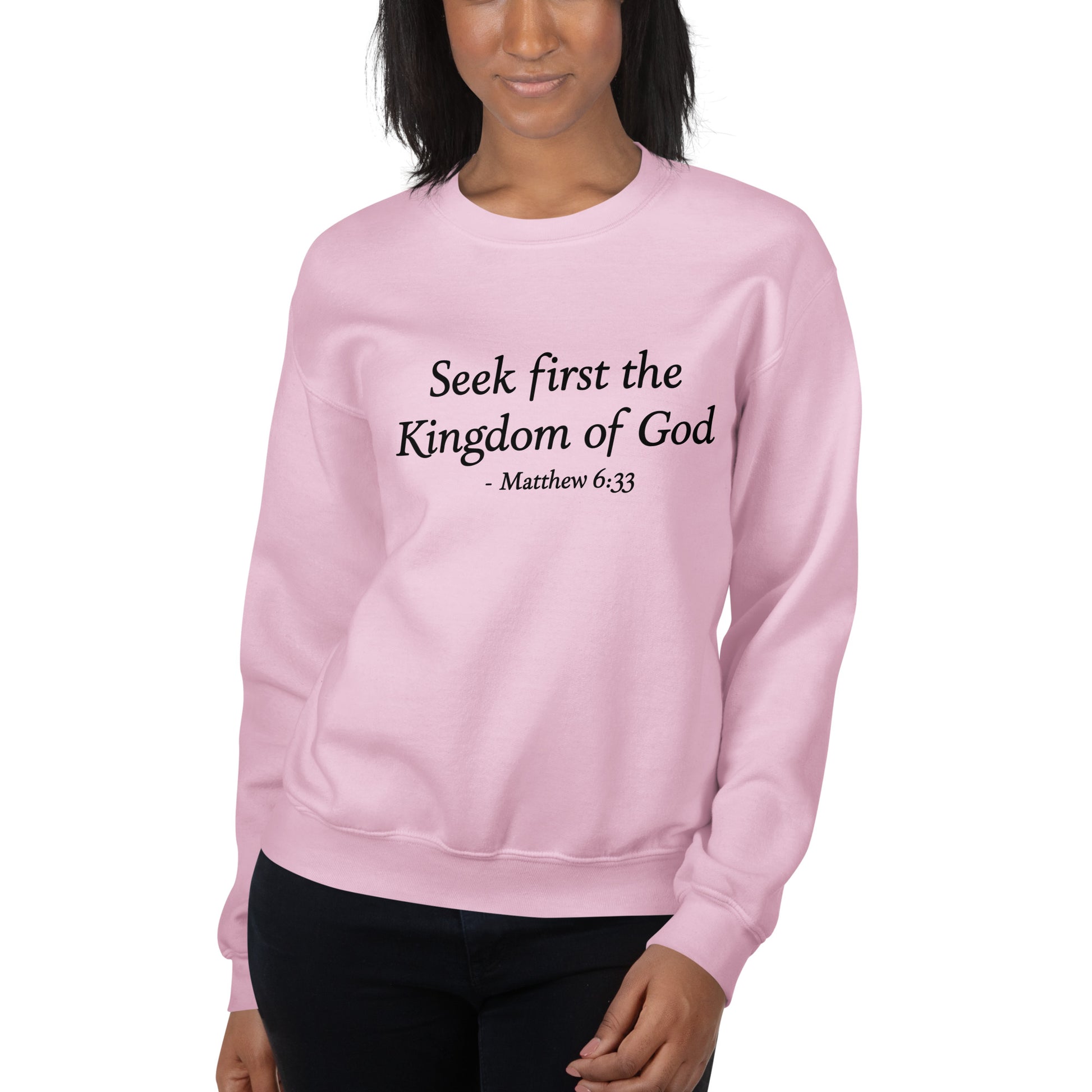 Matthew 6:33, Women's Pink Sweatshirt - Unisex Fit mockup