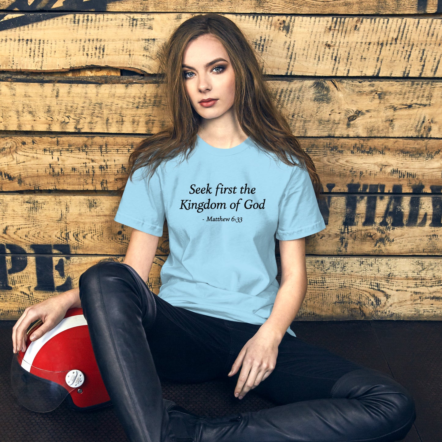 Women's ocean light blue t-shirt with bible verse