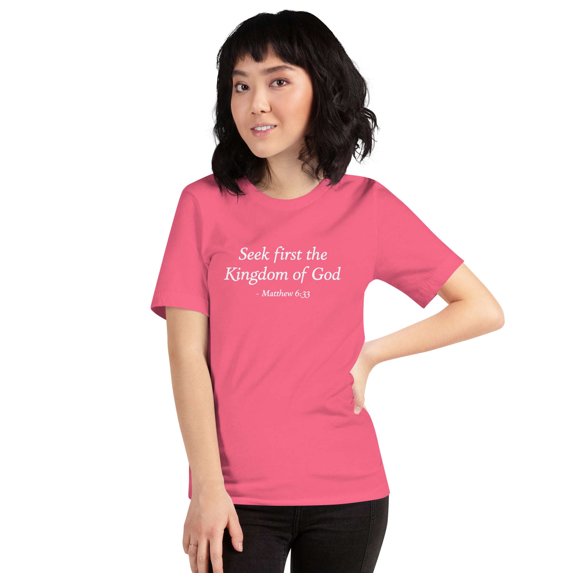 Woman's pink t-shirt with bible verse