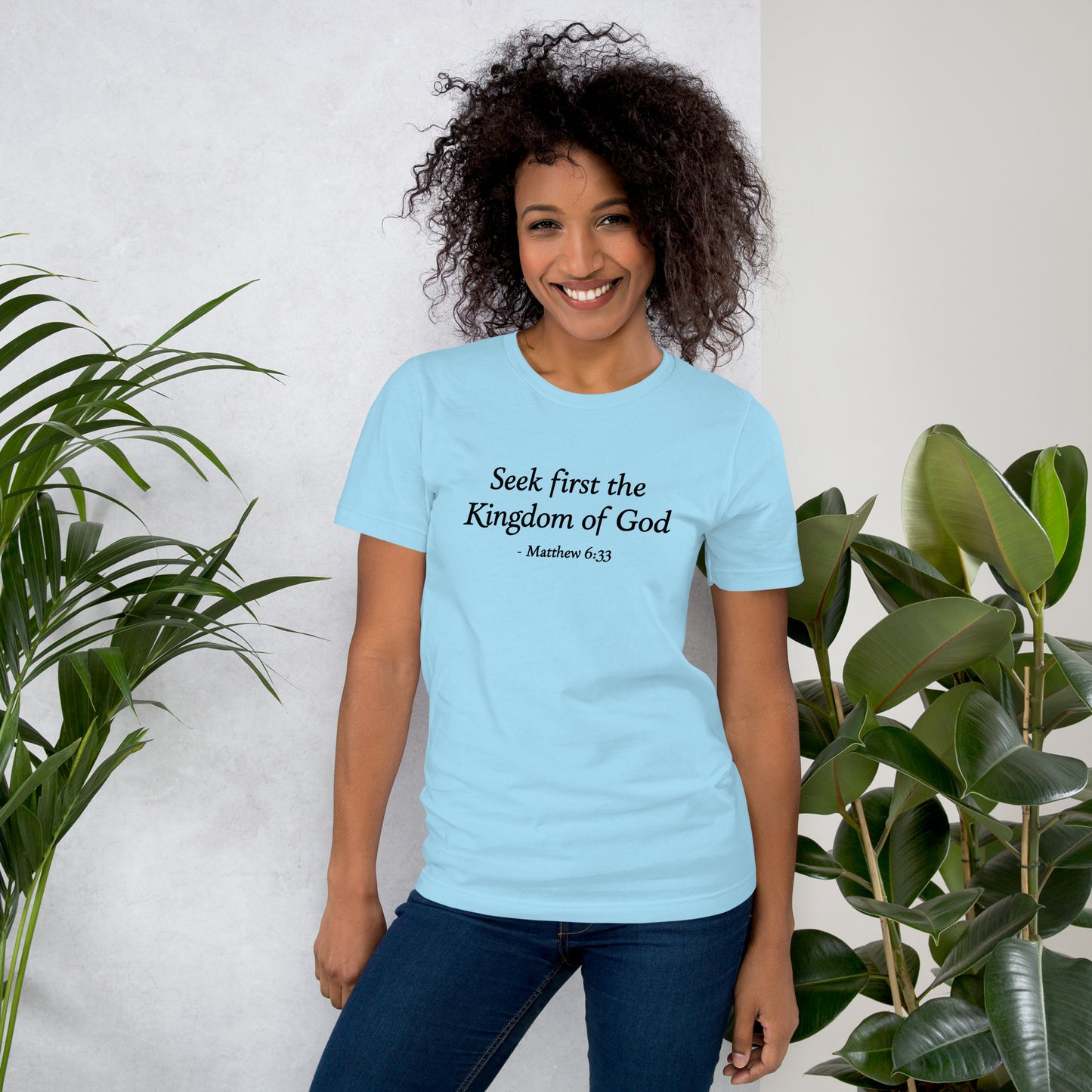 Woman's ocean blue light blue t-shirt with bible verse