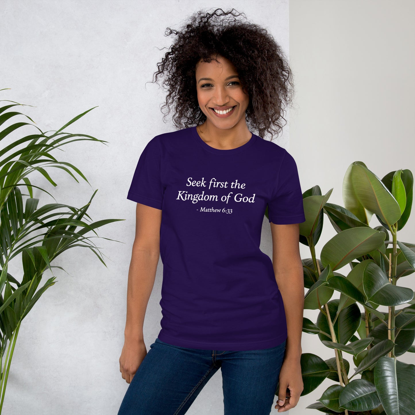 Woman's purple t-shirt with bible verse