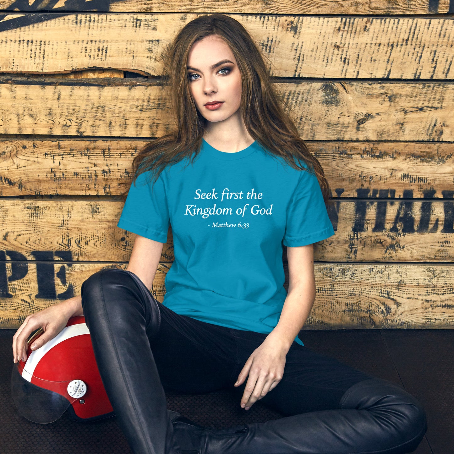 Women's aqua blue t-shirt with bible verse