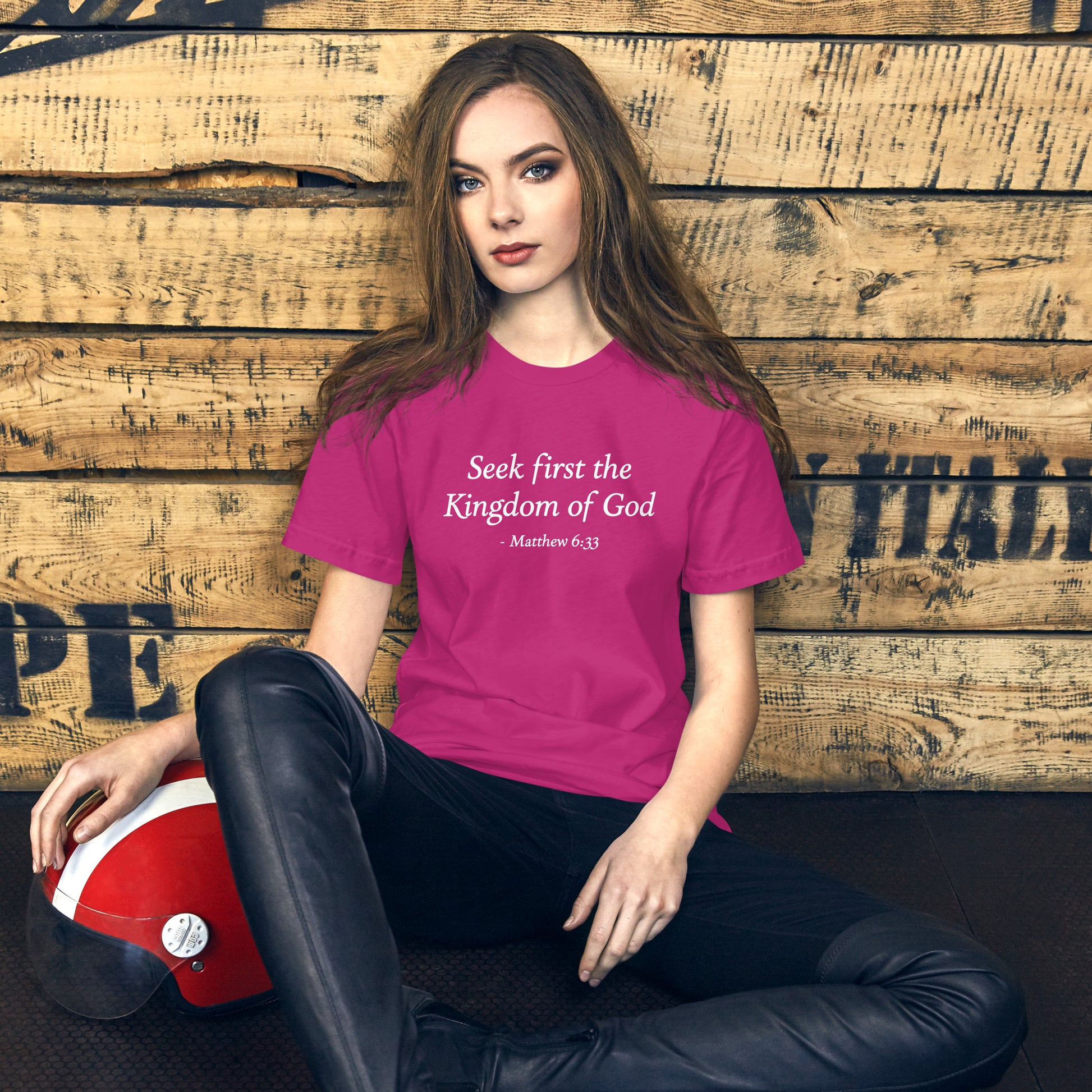 Woman berry pink t-shirt with bible verse