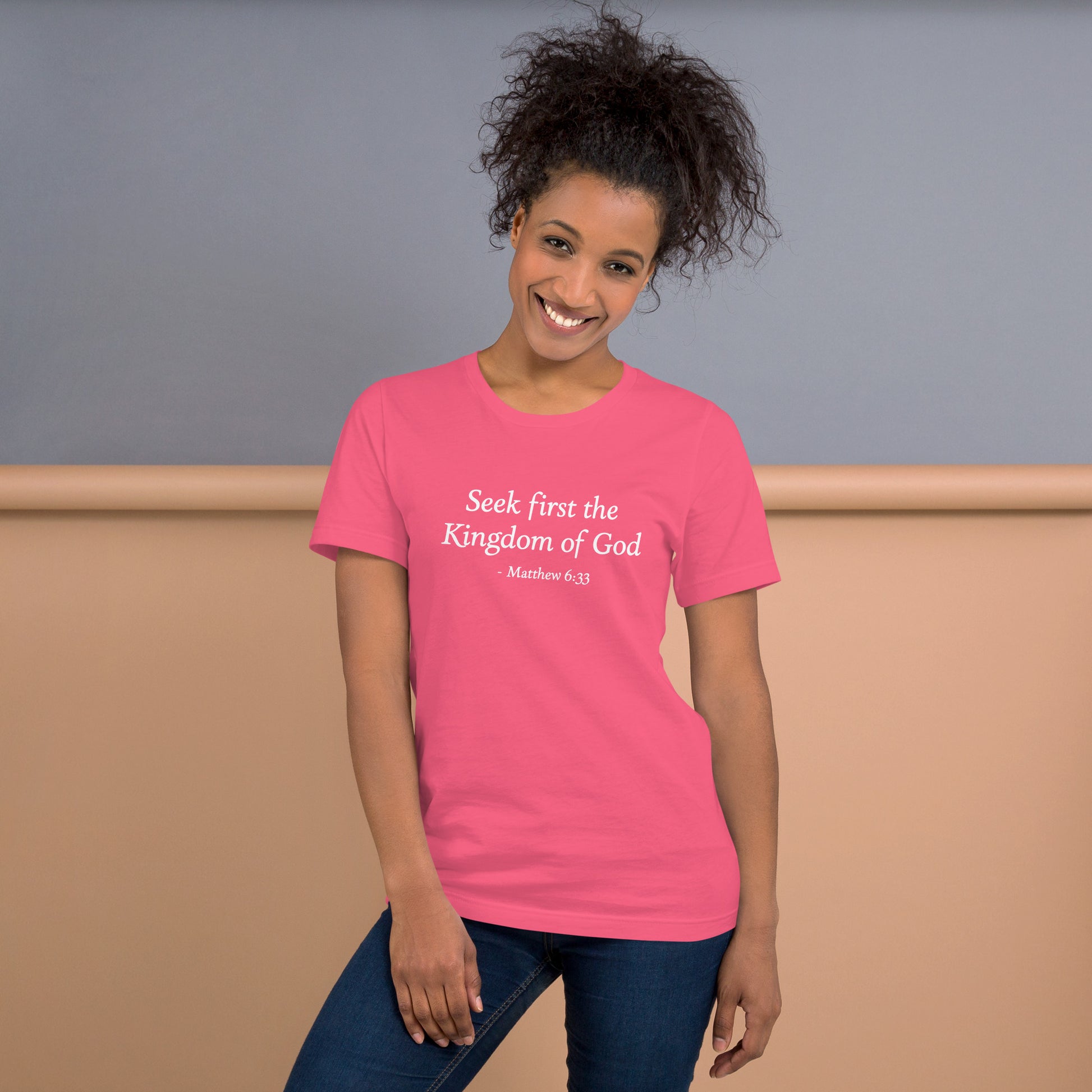 Woman's pink t-shirt with bible verse Seek First