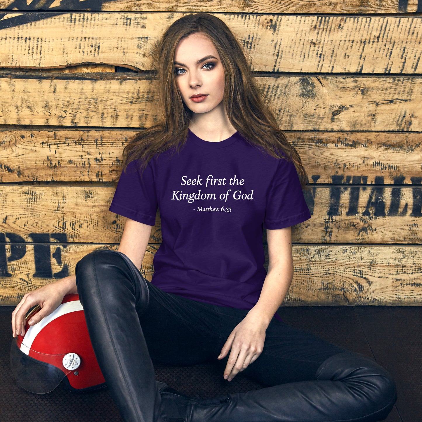 Woman's purple t-shirt with bible verse