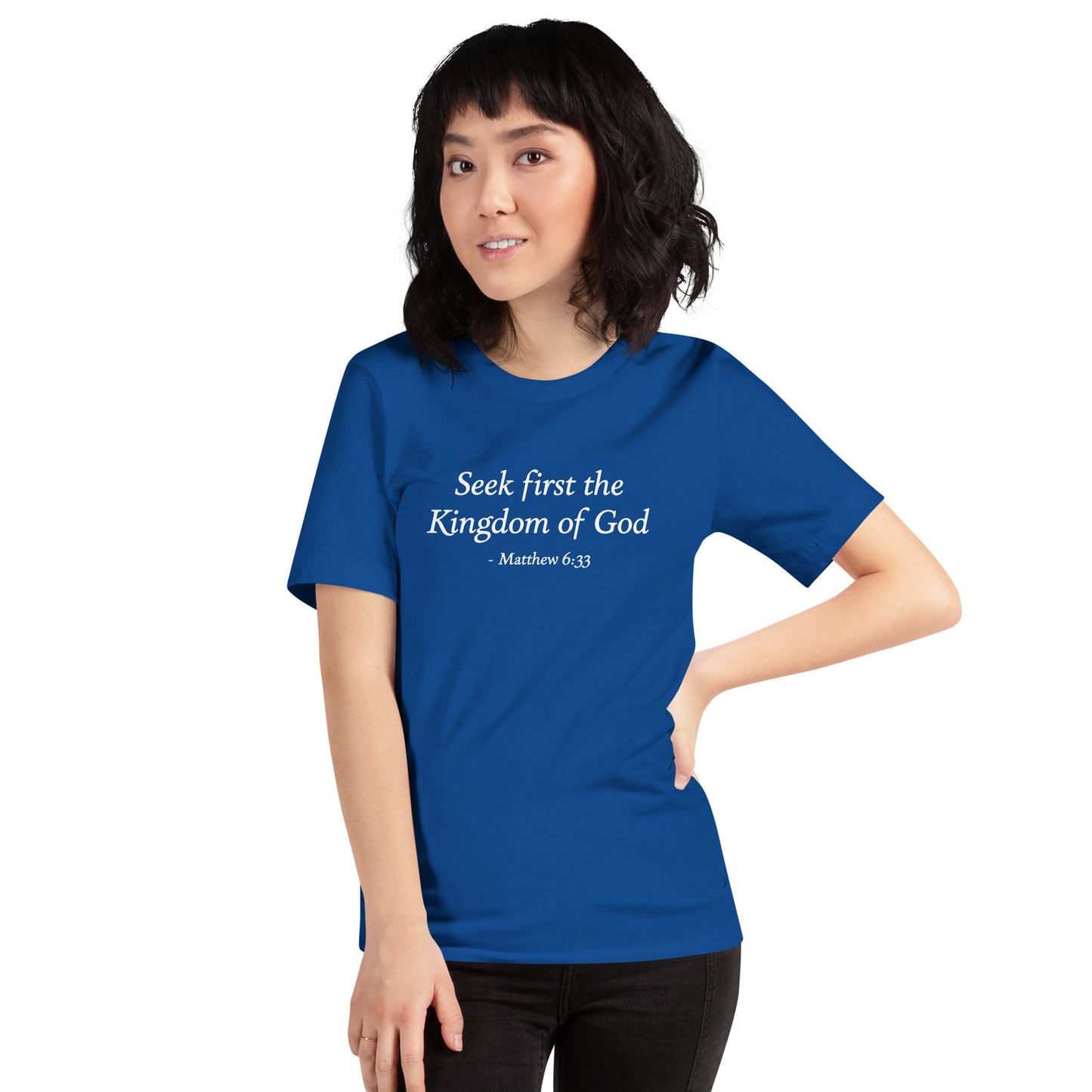 Women's royal blue t-shirt with bible verse