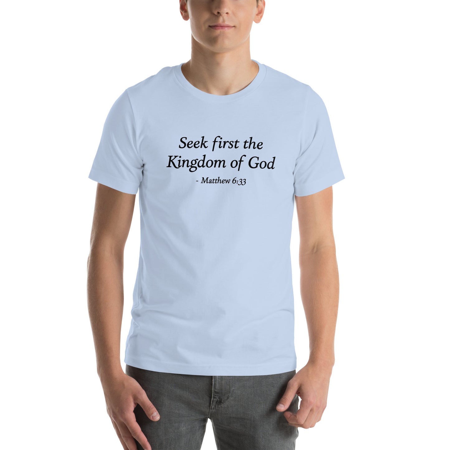 Baby blue t-shirt with a bible verse