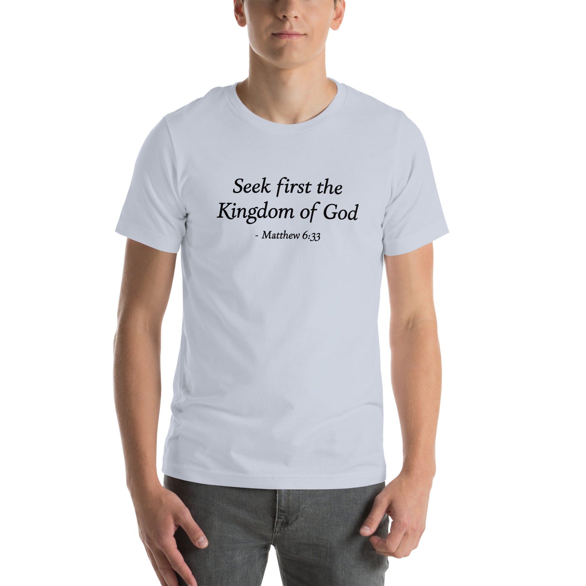 Light bue t-shirt with a bible verse