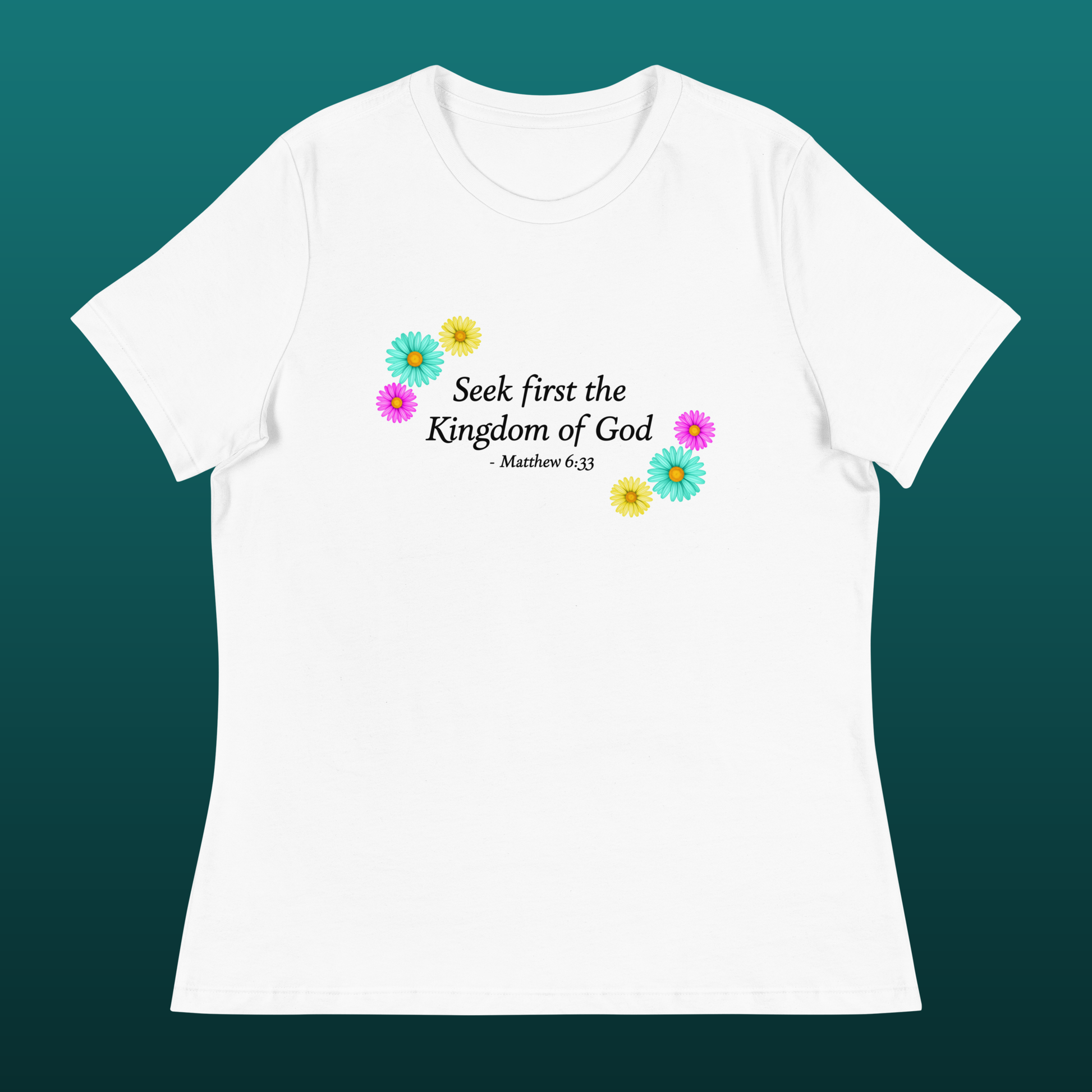 White t-shirt Matthew 6:33 with colorful flowers and text mockup