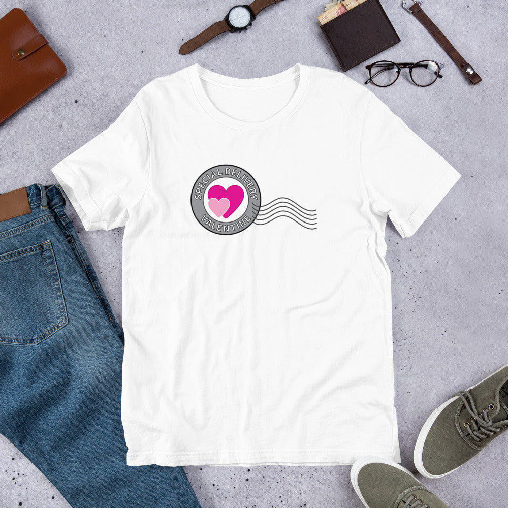 Valentine Heart Postage Circle Unisex T-Shirt pink mockup