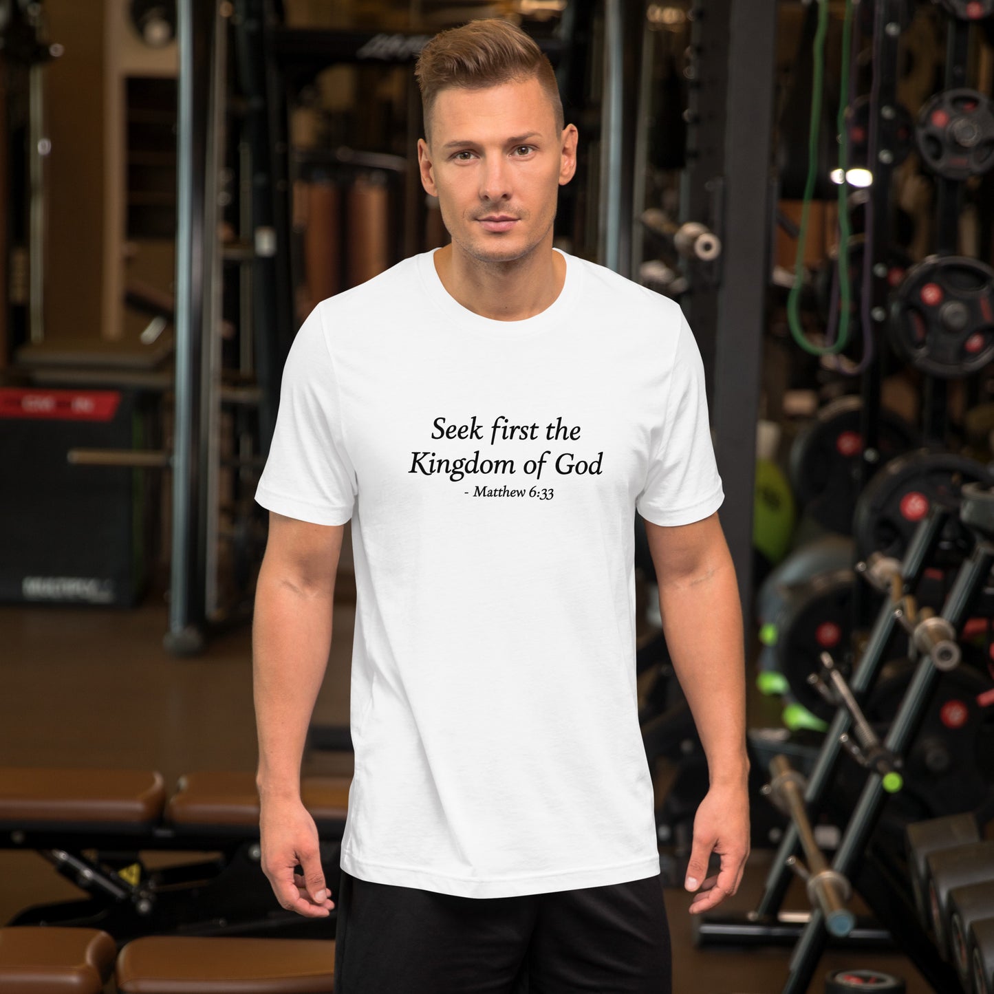 Seek First the Kingdom of God, Matthew 6:33, Men's White T-Shirt mockup