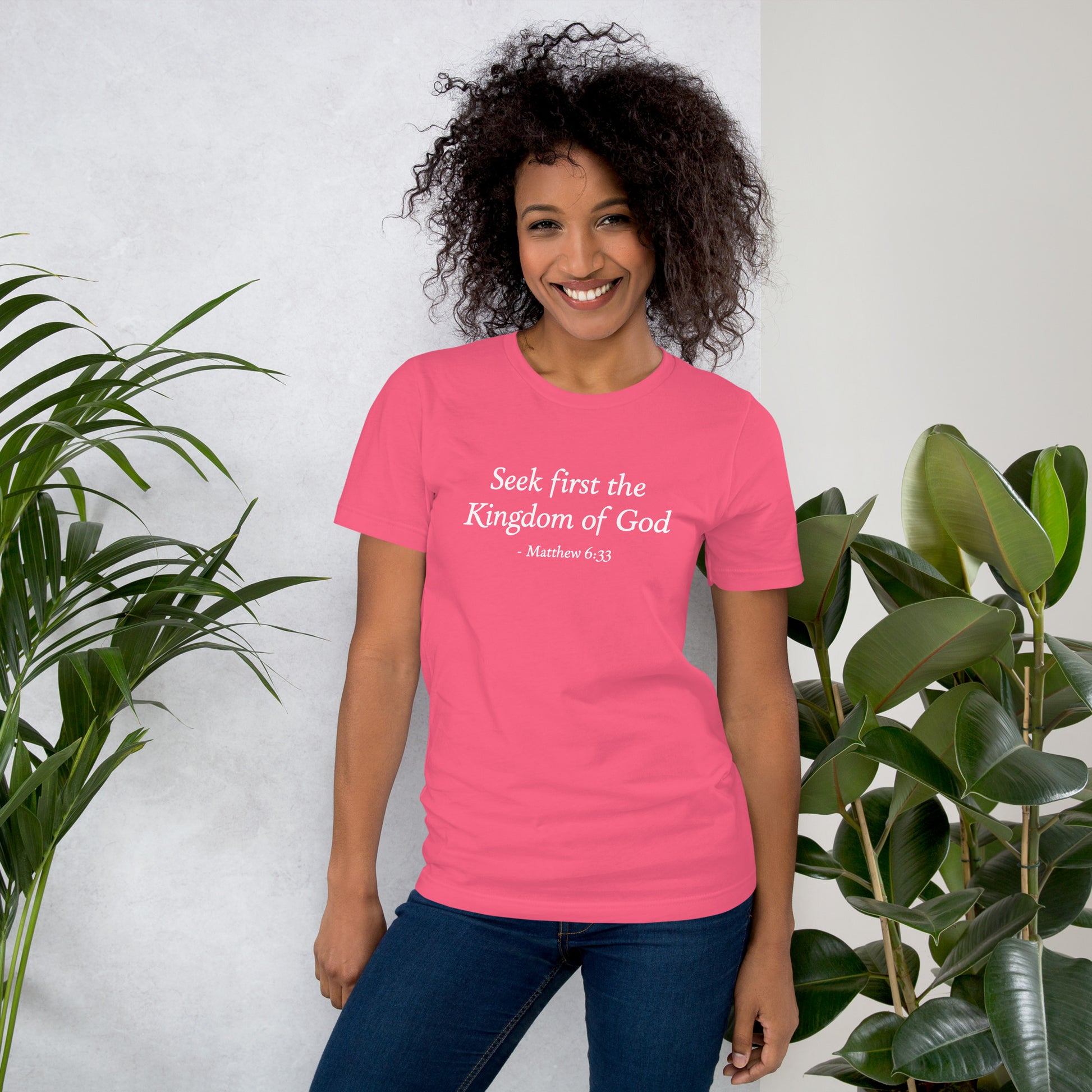 Women's pink t-shirt with bible scripture