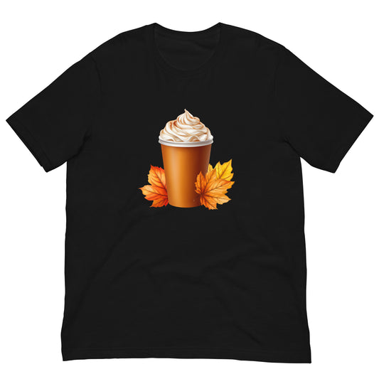 Pumpkin Spice Latte Leaf unisex t-shirt front view in black with autumn design