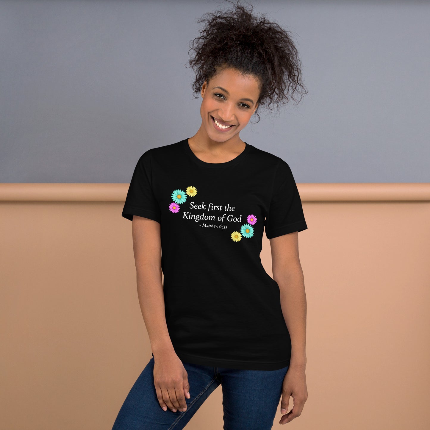 Seek First the Kingdom of God Matthew 6:33 Christian unisex flower t-shirt front view in black