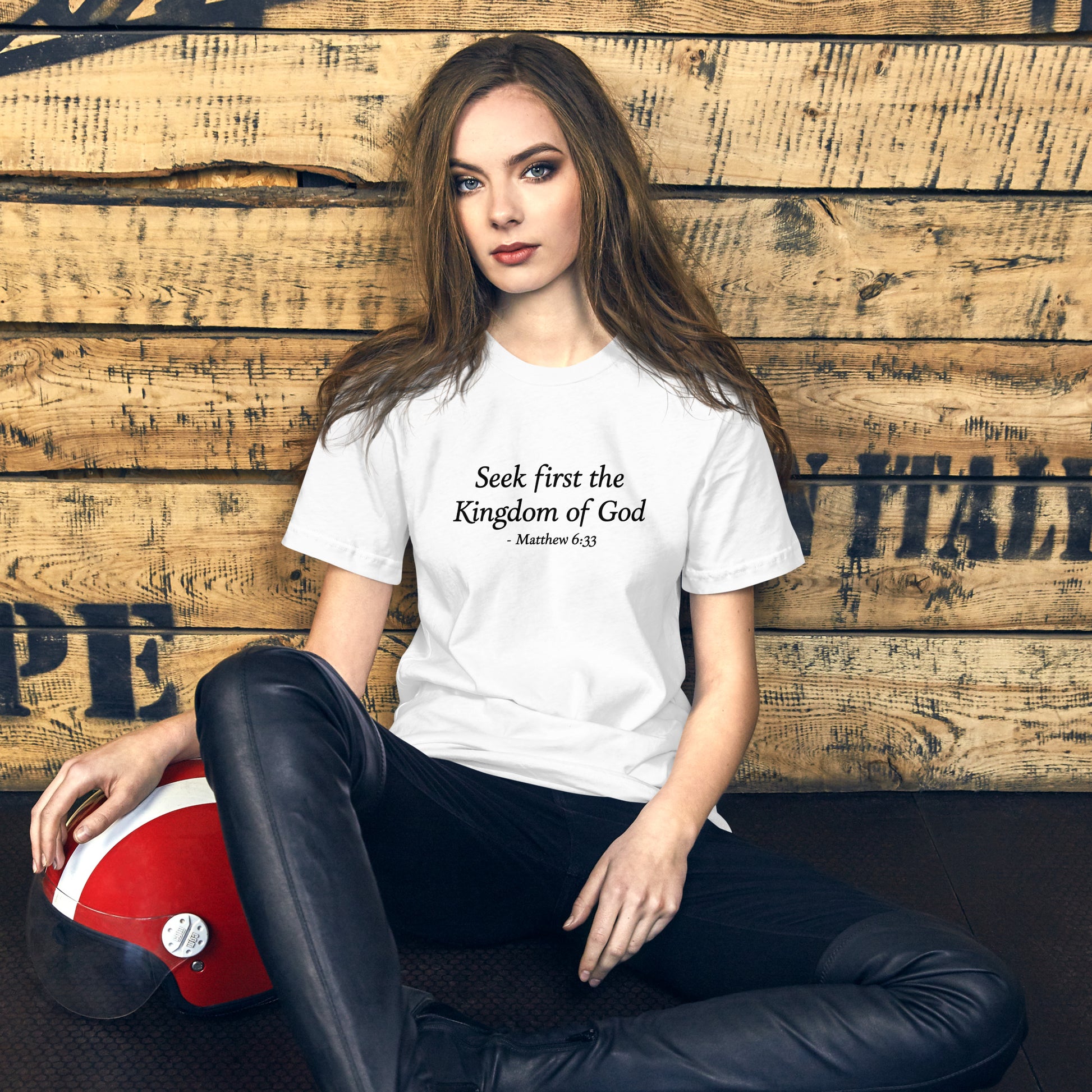 Seek First the Kingdom of God Matthew 6:33 Christian unisex t-shirt front view in white