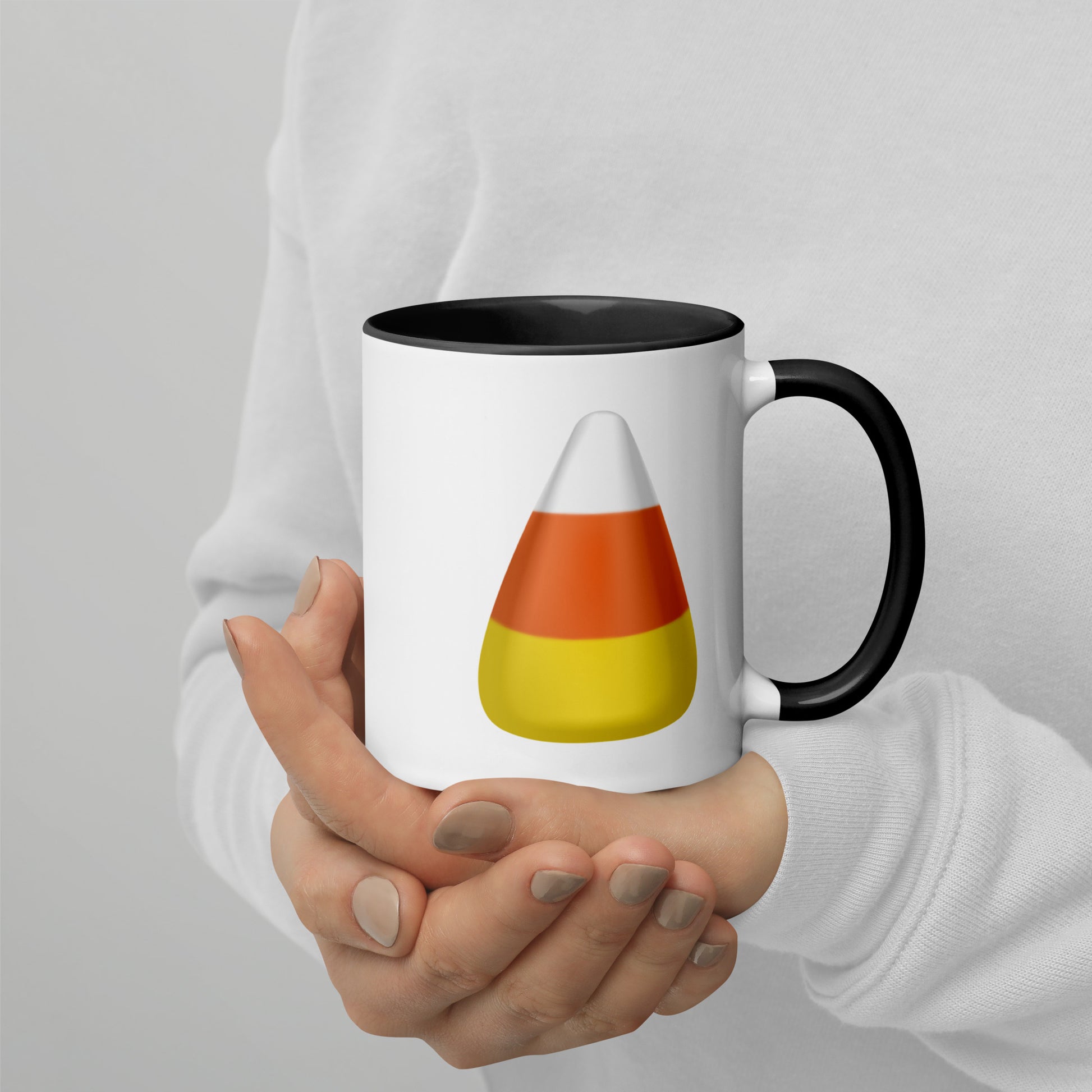 Candy Corn Halloween white ceramic mug with black interior 11 oz right side view, mockup