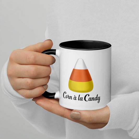Corn à la Candy Halloween white ceramic mug with black interior 11 oz left side view