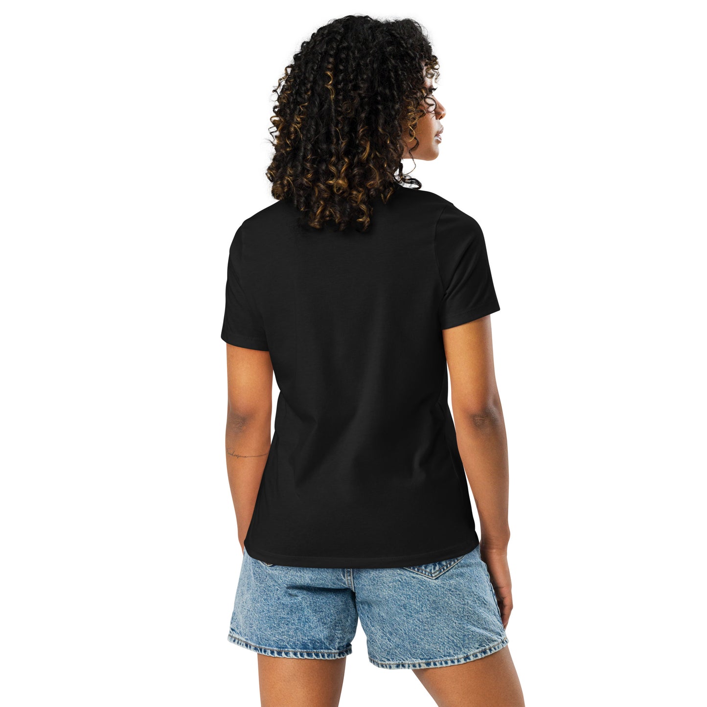 Seek First the Kingdom of God, Matthew 6:33, Women's Relaxed T-Shirt with flowers back view in black
