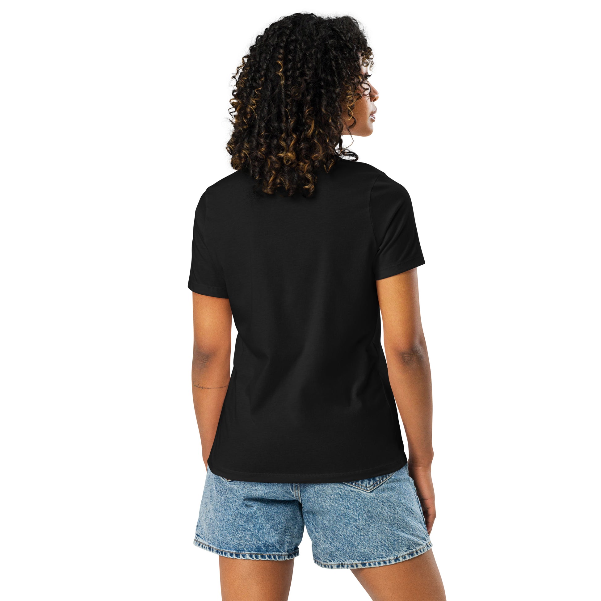 Seek First the Kingdom of God, Matthew 6:33, Women's Relaxed T-Shirt with flowers back view in black
