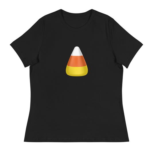 Candy Corn Halloween women's relaxed t-shirt front view in black
