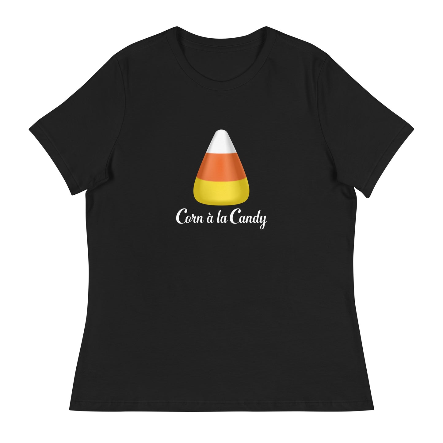 Corn à la Candy Halloween women's relaxed t shirt front view in black