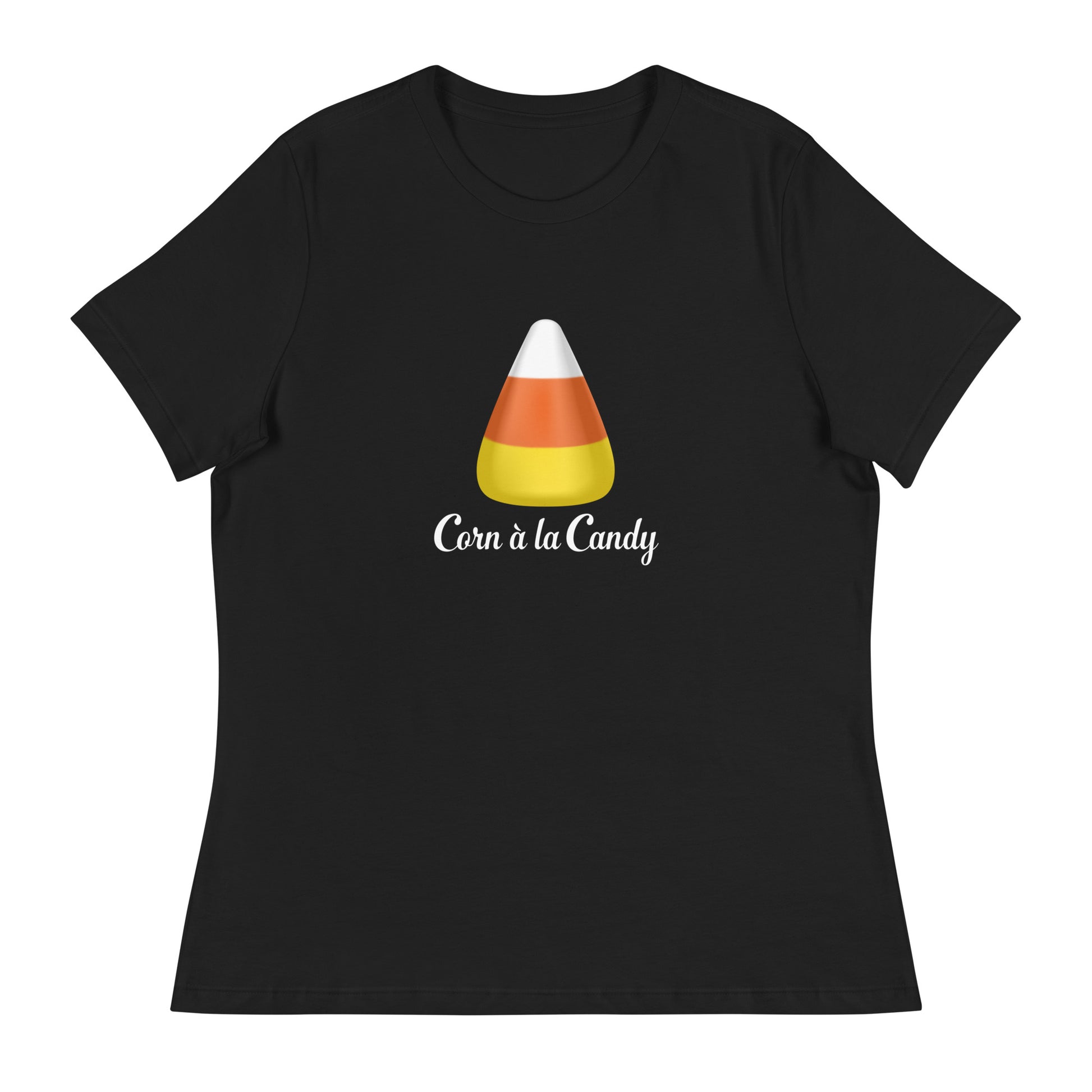 Corn à la Candy Halloween women's relaxed t shirt front view in black