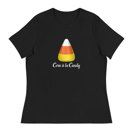 Corn à la Candy Halloween women's relaxed t shirt front view in black