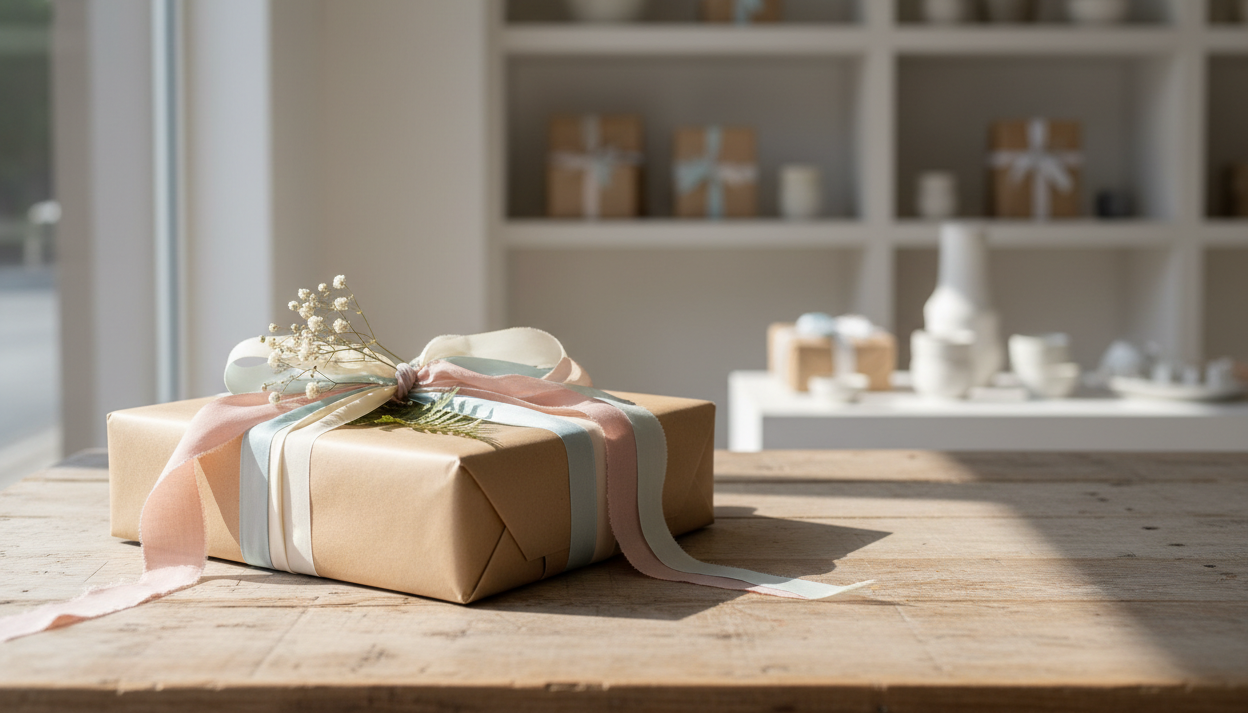 Gift wrapped in brown paper with a ribbon on a wooden table, blurred shelves in the background